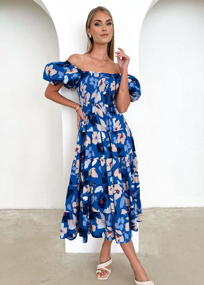 Damen Maxikleid Schulterfrei Voluminöse Puffärmel Norvielle