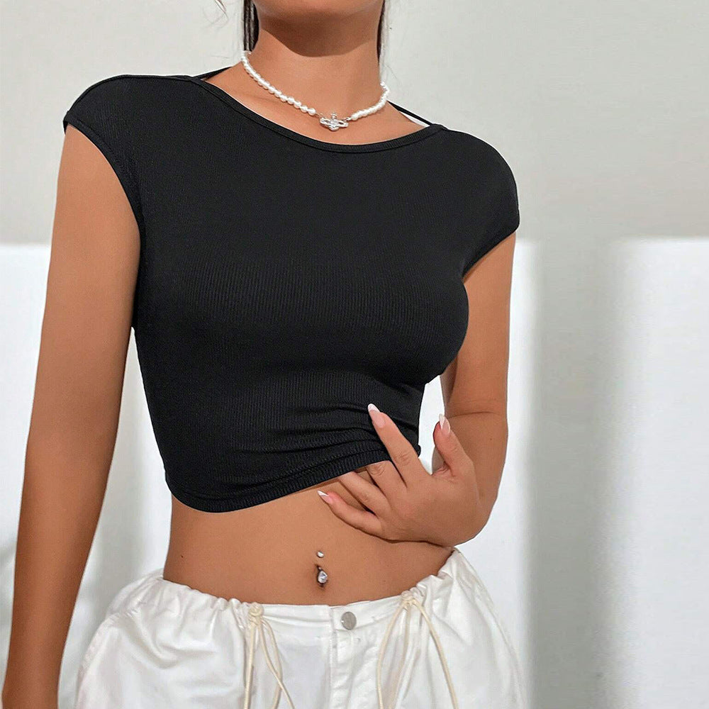 Damen T-Shirt Rundhals Cropped Rippdesign Weiß Norvielle