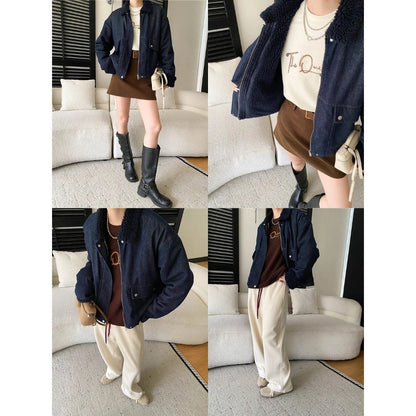 Damen Kurzjacke Gefütterter Kragen Praktische Taschen