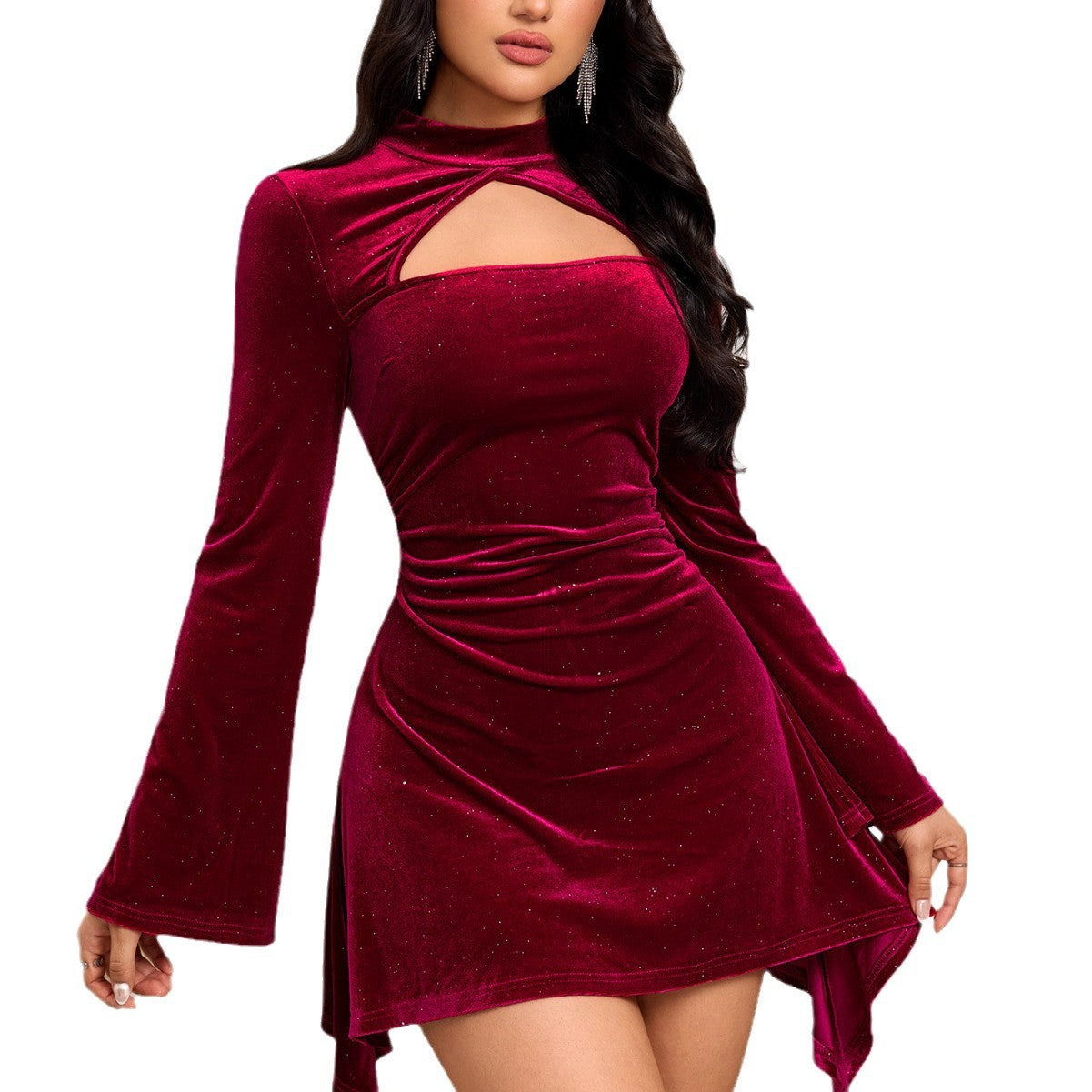 Damen Samt Minikleid Cut-Out Langer Ärmel