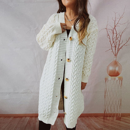 Damen Strickjacke Zopfmuster Große Knöpfe Beige