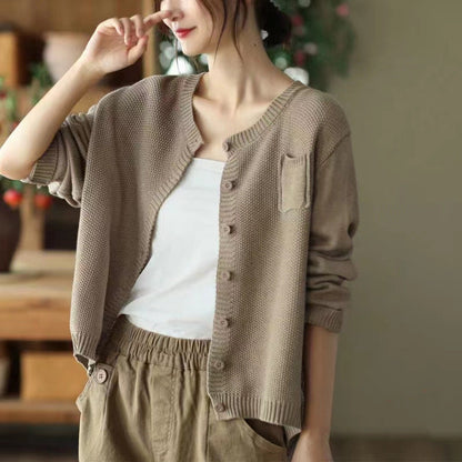 Damen Strickcardigan Leicht Knöpfe Taschen Beige