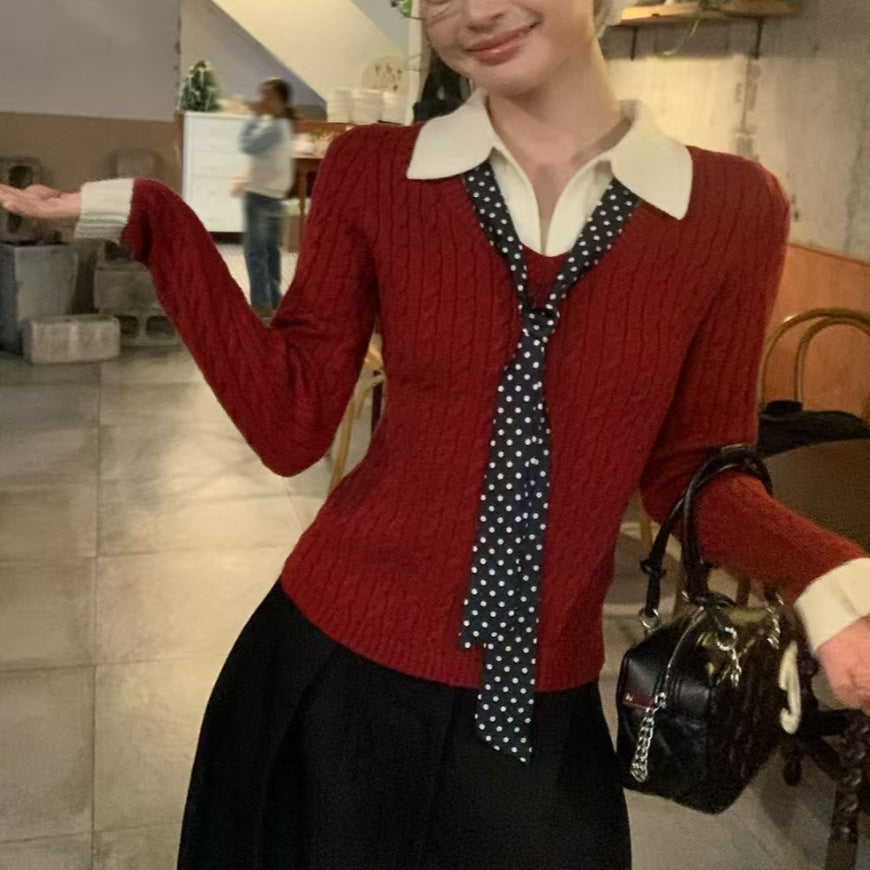 Damen Strickpullover mit Hemdkragen und Krawatte Ribbstruktur