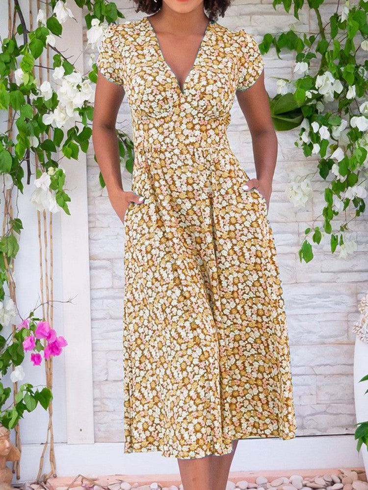 Damen Geblümtes Midikleid V-Ausschnitt Kurzärmel Sommerkleid