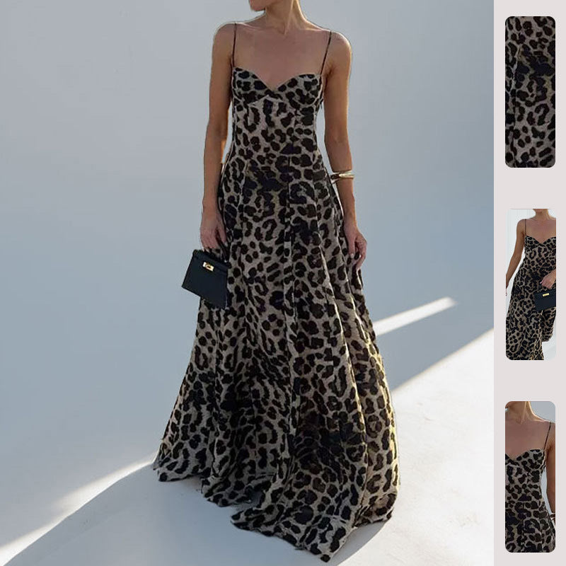 Damen Maxikleid Leoprint Elegant Tiefes Dekolleté - Norvielle