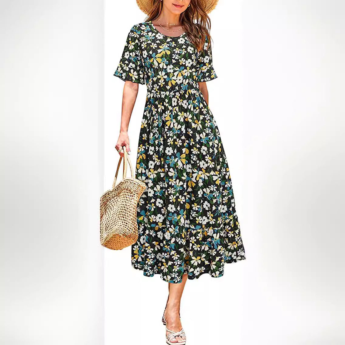 Damen Midikleid Floralmuster Volantabschluss