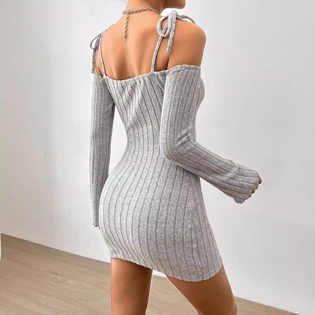 Damen Minikleid Schulterfrei Rippstrick Norvielle