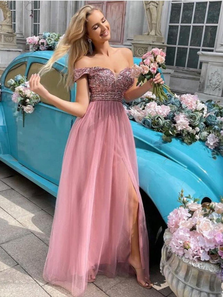 Damen Abendkleid Schimmerndes Oberteil Tüllrock