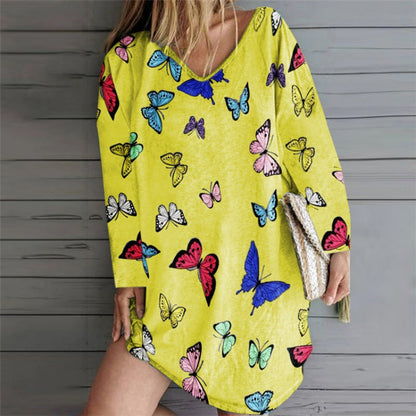 Damen Freizeitkleid Bunt Schmetterlingsmuster V-Ausschnitt