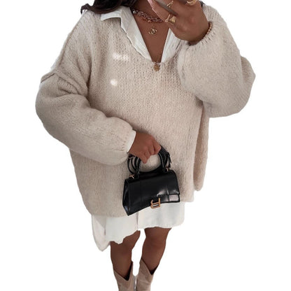 Damen Oversized Pullover Weich Voluminöse Ärmel Beige