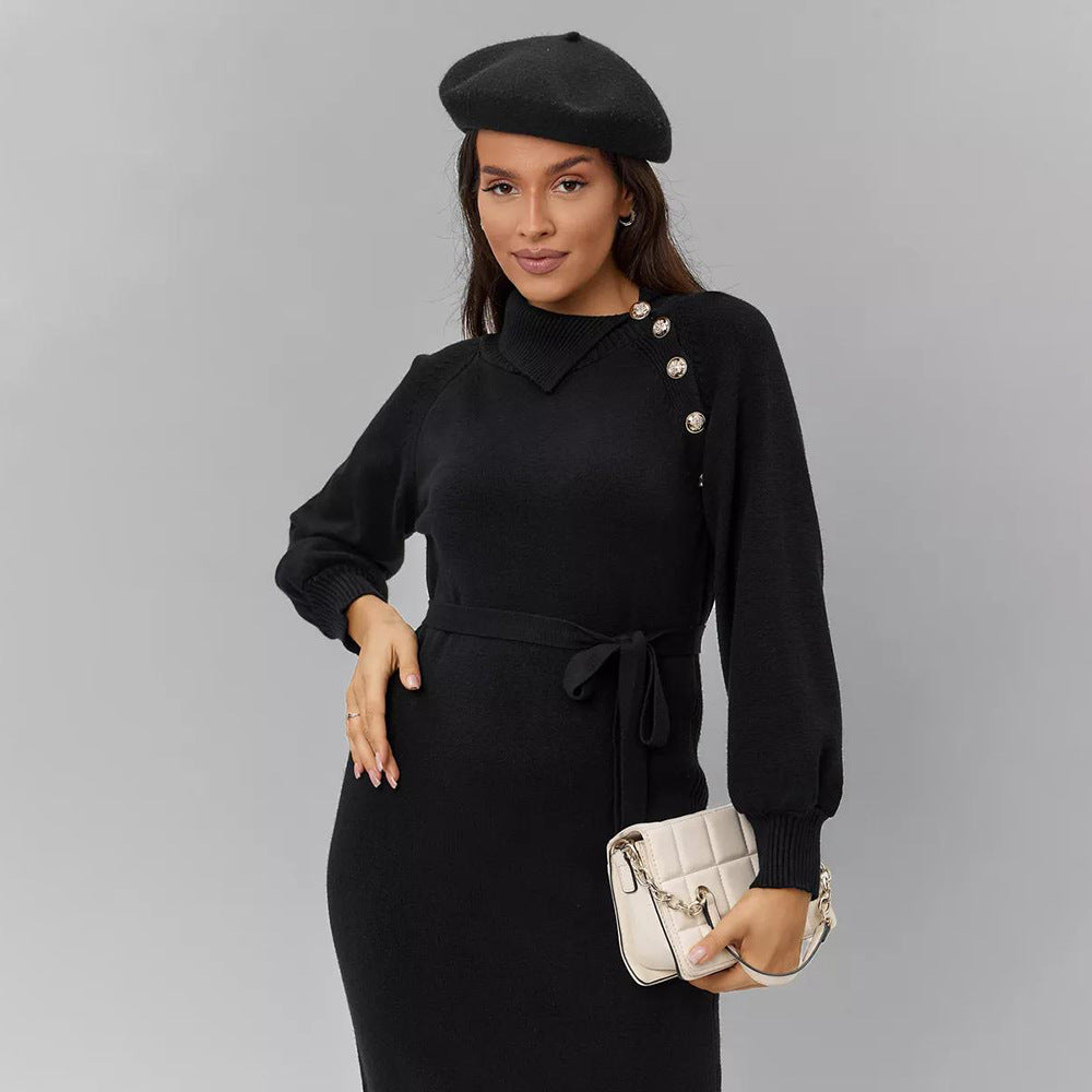 Damen Strickkleid mit Gürtel und Knöpfen