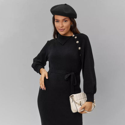 Damen Strickkleid mit Gürtel und Knöpfen