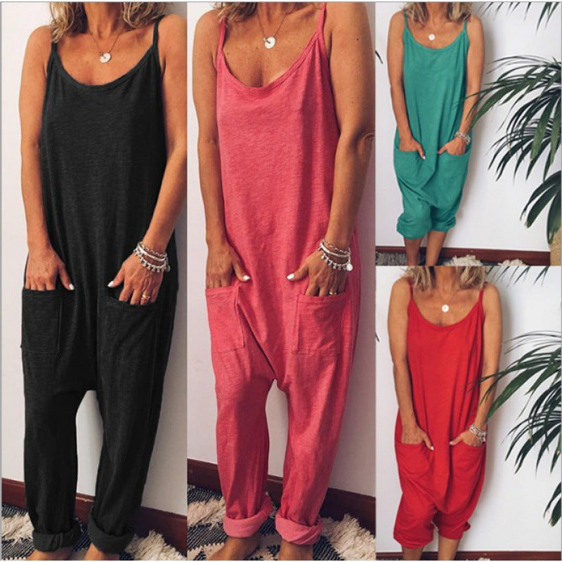 Damen Jumpsuit mit Taschen Spaghettiträgern Beige Norvielle