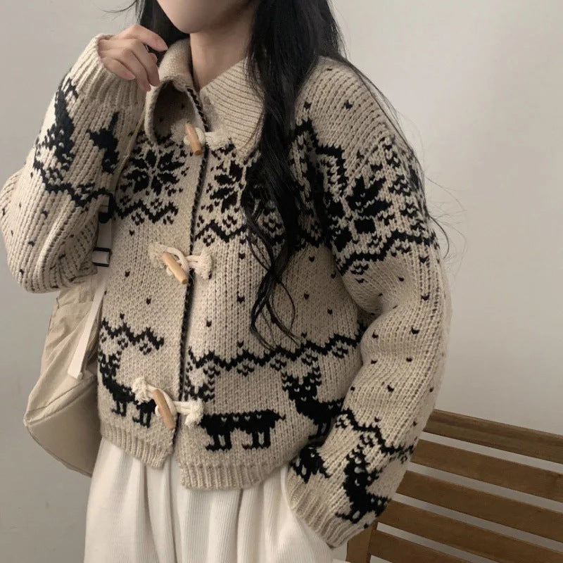 Damen Strickjacke Tiermotiv Holzknöpfe Norvielle