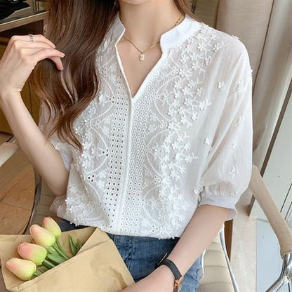 Damen Bluse Halbärmel Florale Stickerei Norvielle