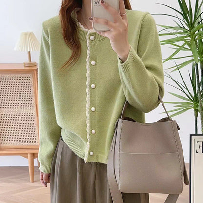 Damen Strickjacke Spitze Perlenknöpfe Norvielle