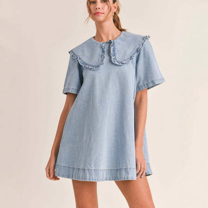 Damen Denimkleid Voluminöser Kragen Rüschendetails