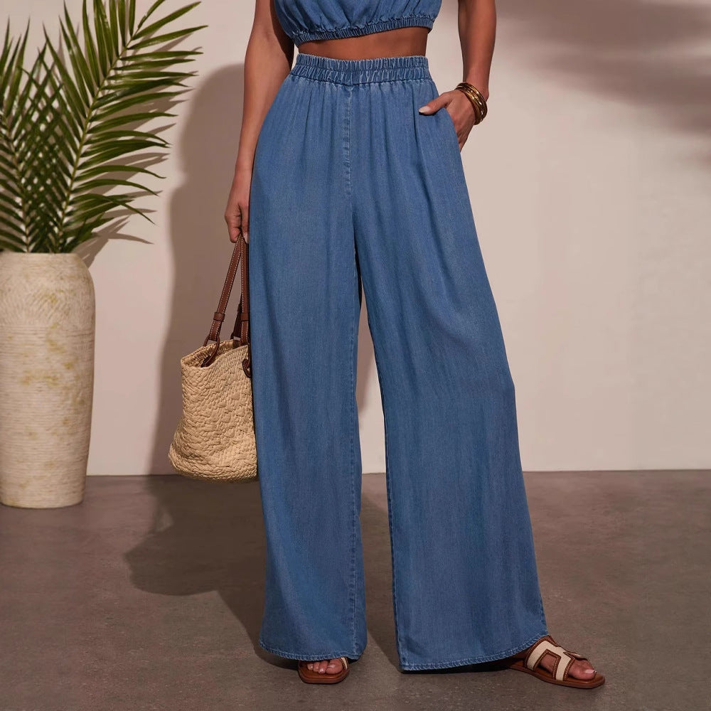Damen Denim Set Cropped Oberteil Weite Hose