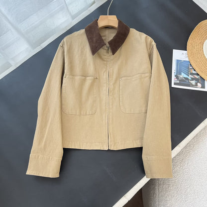Damen Cropped Jacke Baumwolle Cordsäule Beige