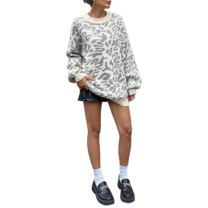 Damen Pullover Grobgestrickt Leopardenmuster Norvielle