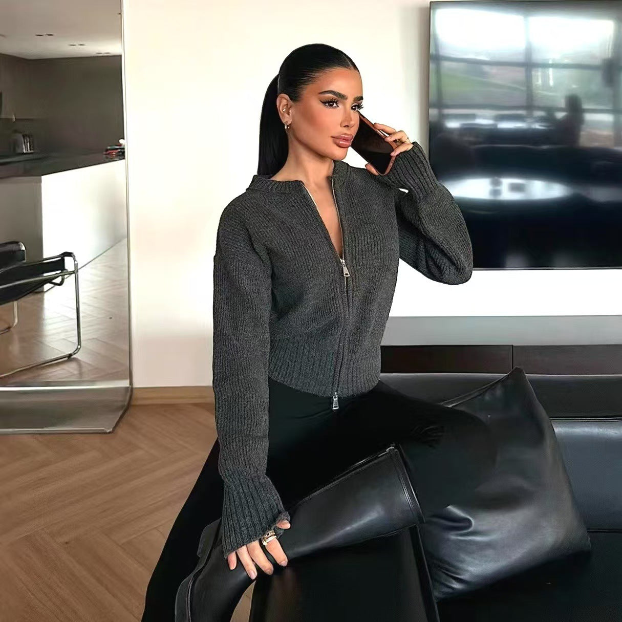 Damen Strickjacke Reißverschluss Breite Bündchen