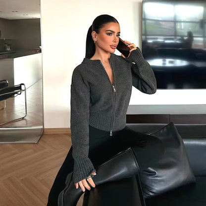 Damen Strickjacke Reißverschluss Breite Bündchen