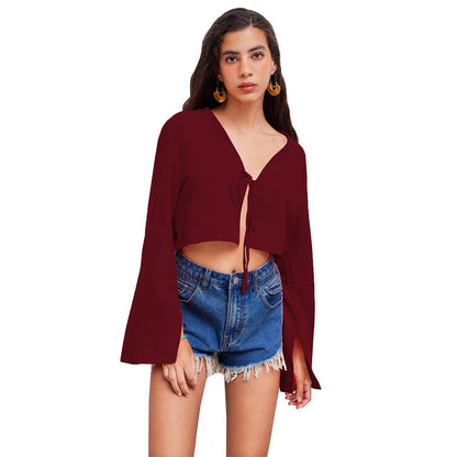 Damen Oberteil V-Ausschnitt Crop- mit Knoten Norvielle