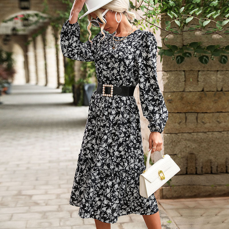 Damen Wickelkleid Midi Floralmuster Elastischer Gürtel