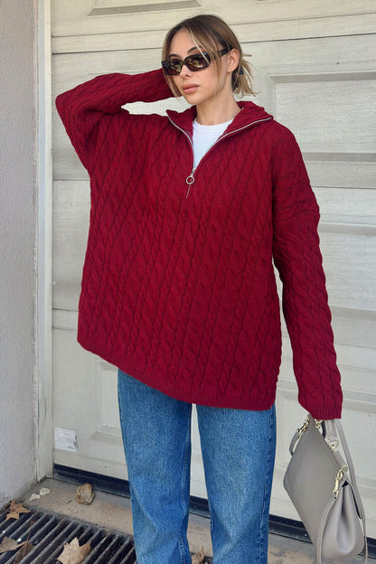 Damen Strickpullover Doppelreißverschluss Hochkragen Norvielle