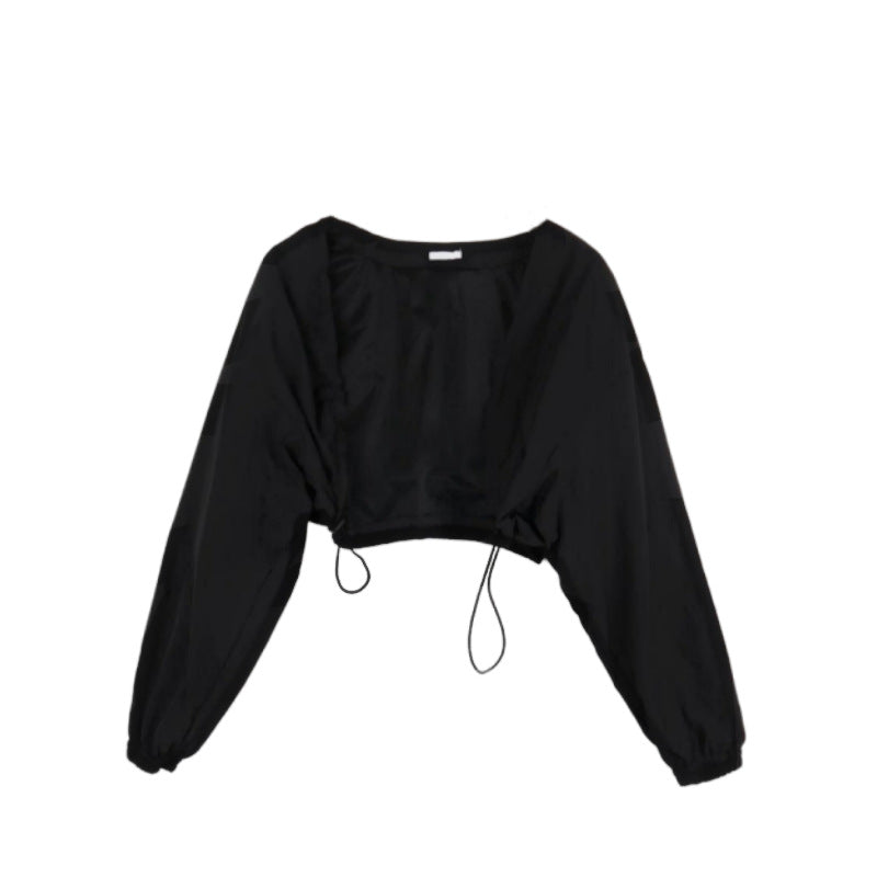 Damen Cropped Langarmbluse Rüschen Norvielle