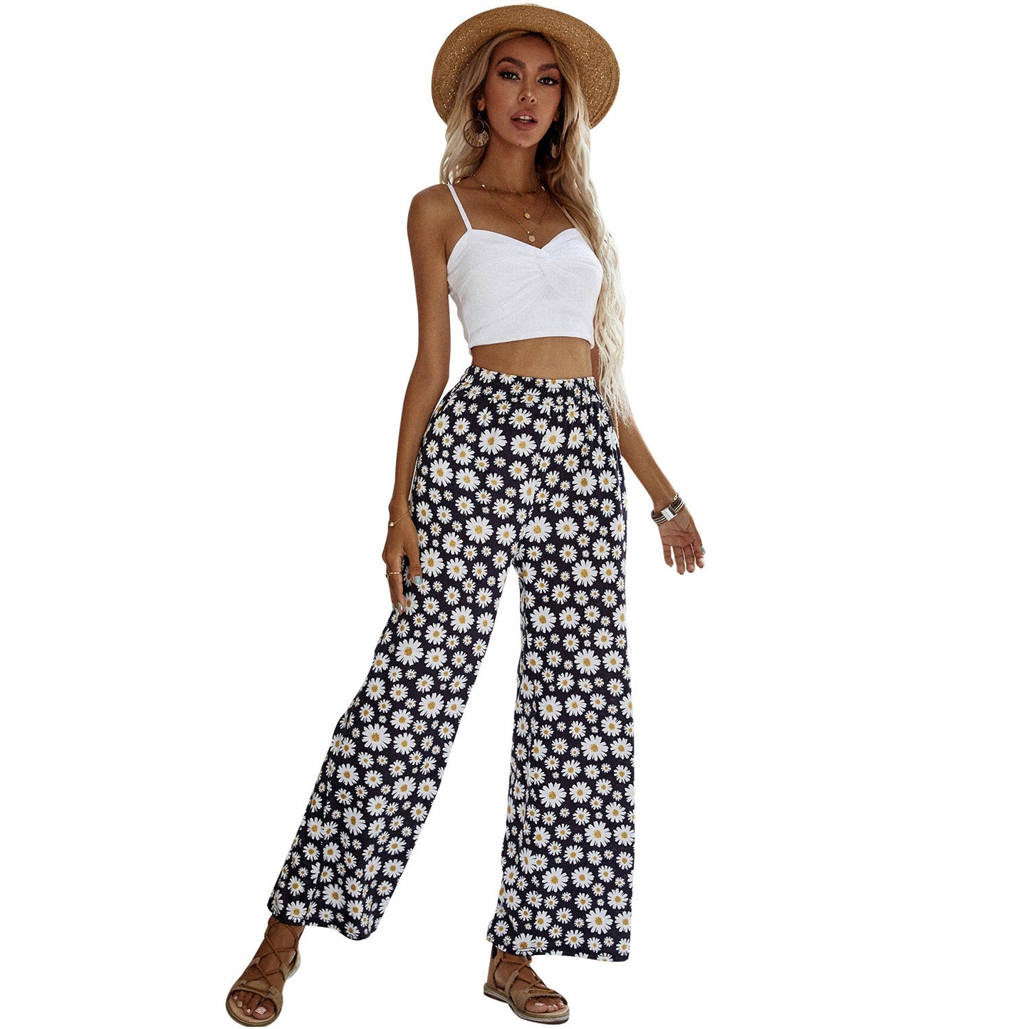 Damen Sommerhose Weite Passform Elastischer Bund Florales Design