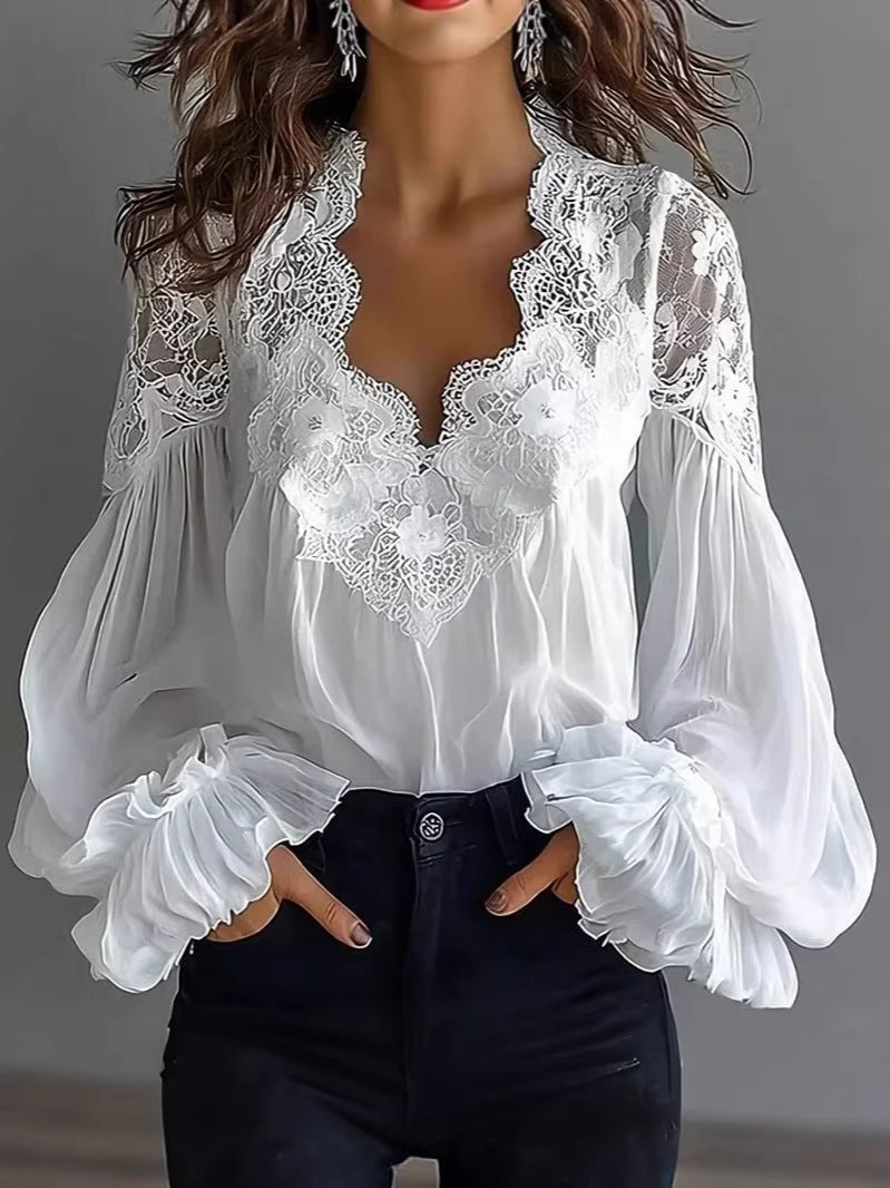 Damen Spitzenbluse Voluminöse Ärmel Florale Muster Weiß