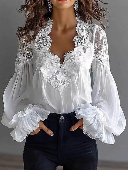 Damen Spitzenbluse Voluminöse Ärmel Florale Muster Weiß
