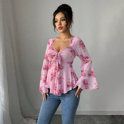 Damen Bluse Fließendes Blusen-Shirt Florales Design Verspielter Knoten - Norvielle