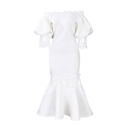 Damen Bodycon Kleid Spitze Voluminöse Ärmel