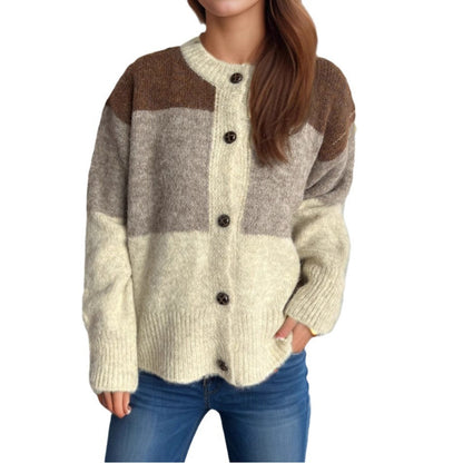 Damen Strickjacke Kuschelig Farbblockdesign Dekorative Knöpfe