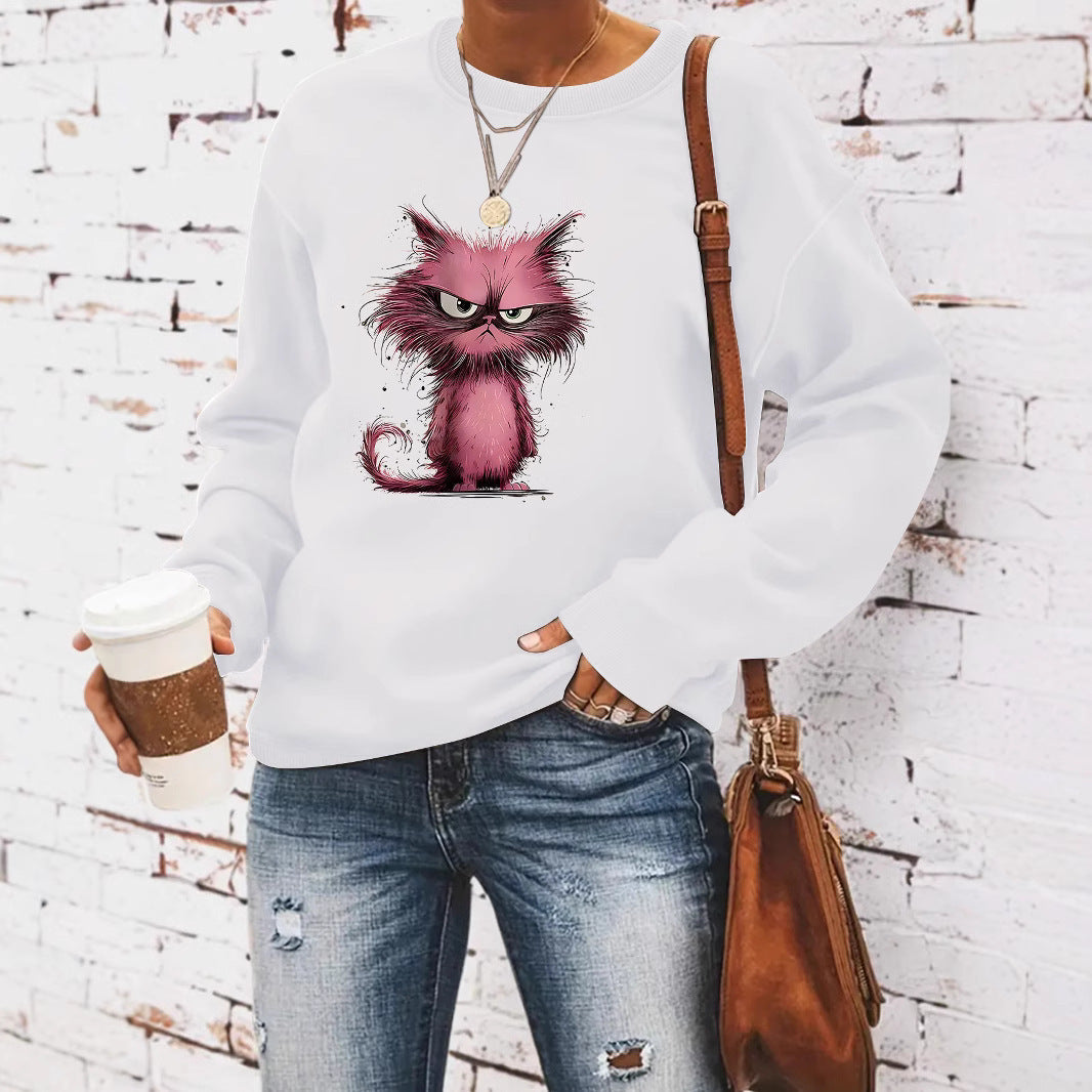 Damen Sweatshirt Katzenmotiv Baumwolle Weiß