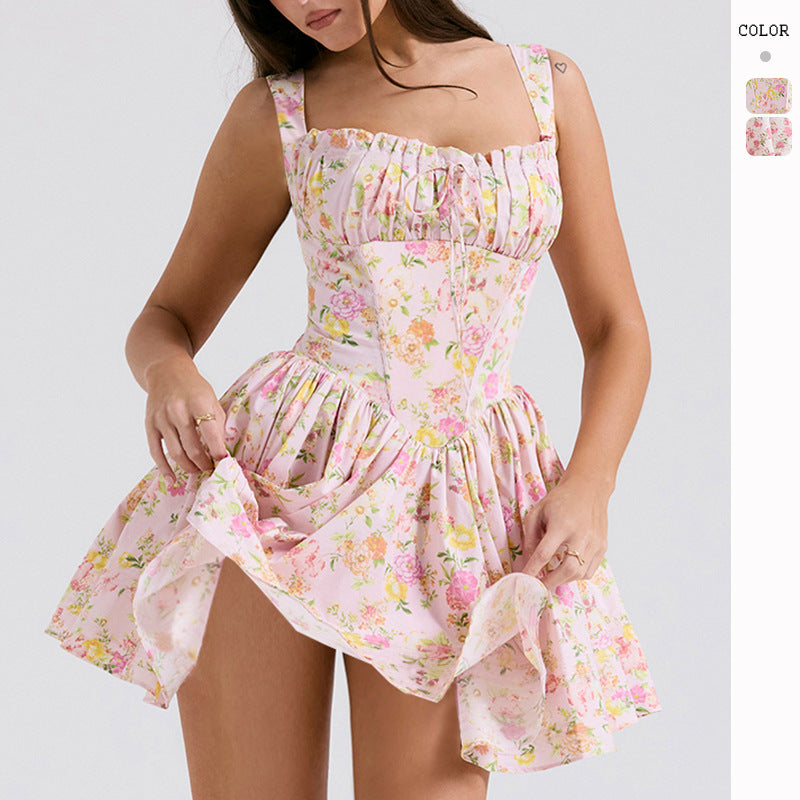 Damen Minikleid Sommerliches Floralmuster Gerafftes Oberteil Norvielle - Norvielle