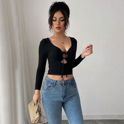 Damen Crop- Langarm Norvielle mit Zierknoten
