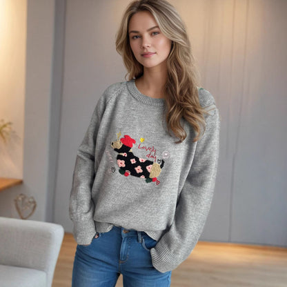 Damen Sweatshirt Tierdesign Blumenstickerei Norvielle
