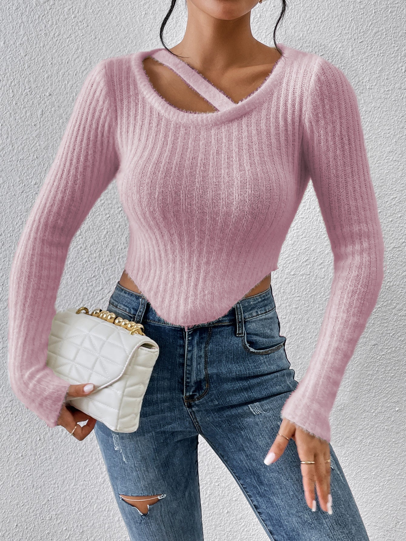 Damen Off-the-Shoulder Stricktop Elastisch Beige