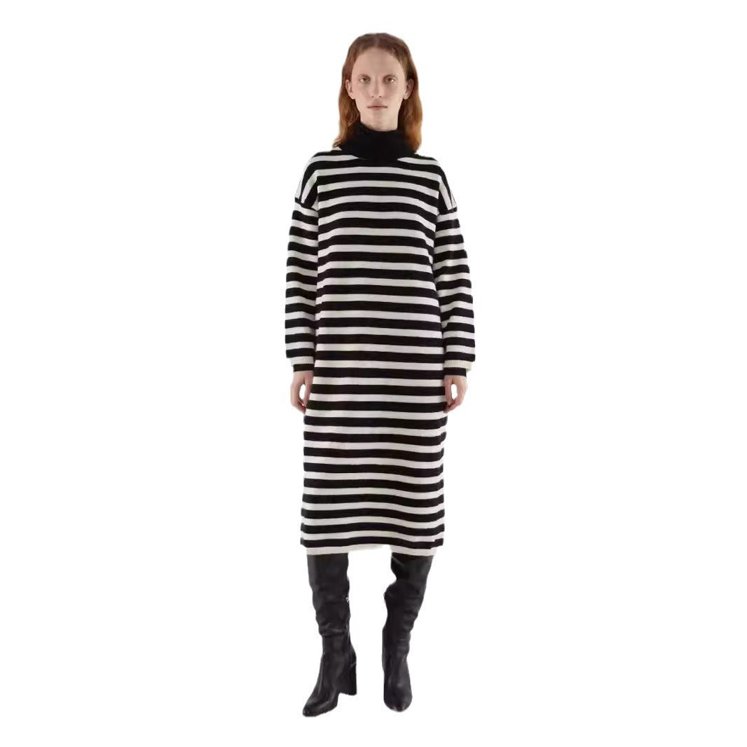 Damen Strickkleid Blockstreifenmuster Lässig Beige