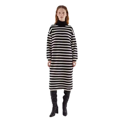 Damen Strickkleid Blockstreifenmuster Lässig Beige