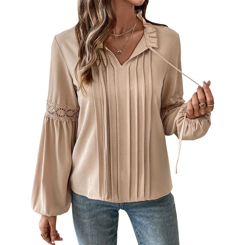 Damen Longbluse Spitzenakzente Feine Falten Norvielle