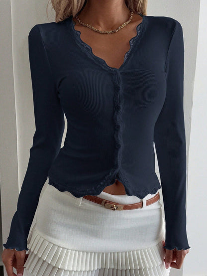 Damen Langarmshirt Spitze Knöpfe Weiß