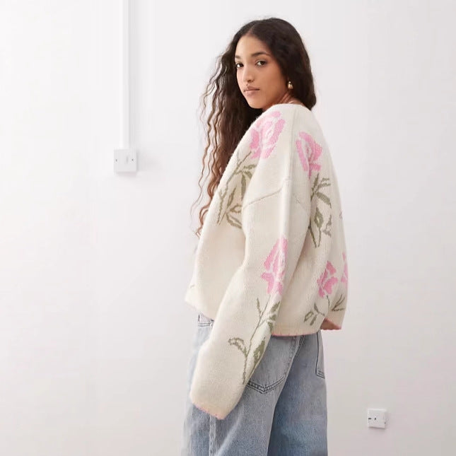 Damen Strickjacke Floralmuster Elegantes Design Norvielle - Norvielle