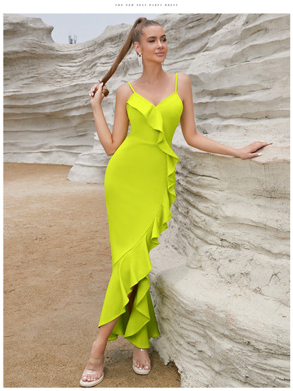 Damen Maxikleid Rüschen Hochschlitz