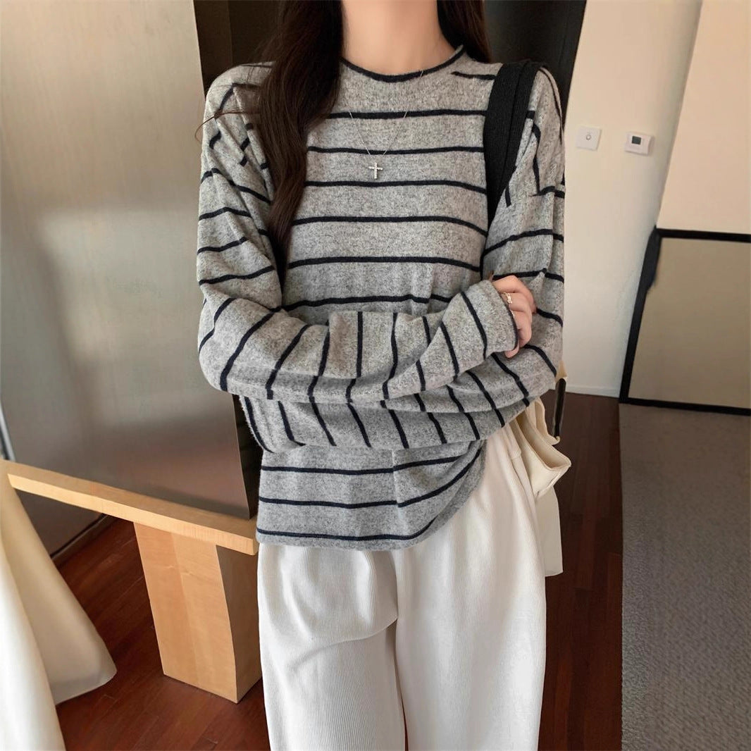 Damen Langarmshirt Streifenlook Baumwolle Weiß