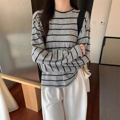 Damen Langarmshirt Streifenlook Baumwolle Weiß