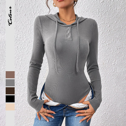 Damen Bodysuit Langarm Kapuze Rippdesign Schwarz - Norvielle